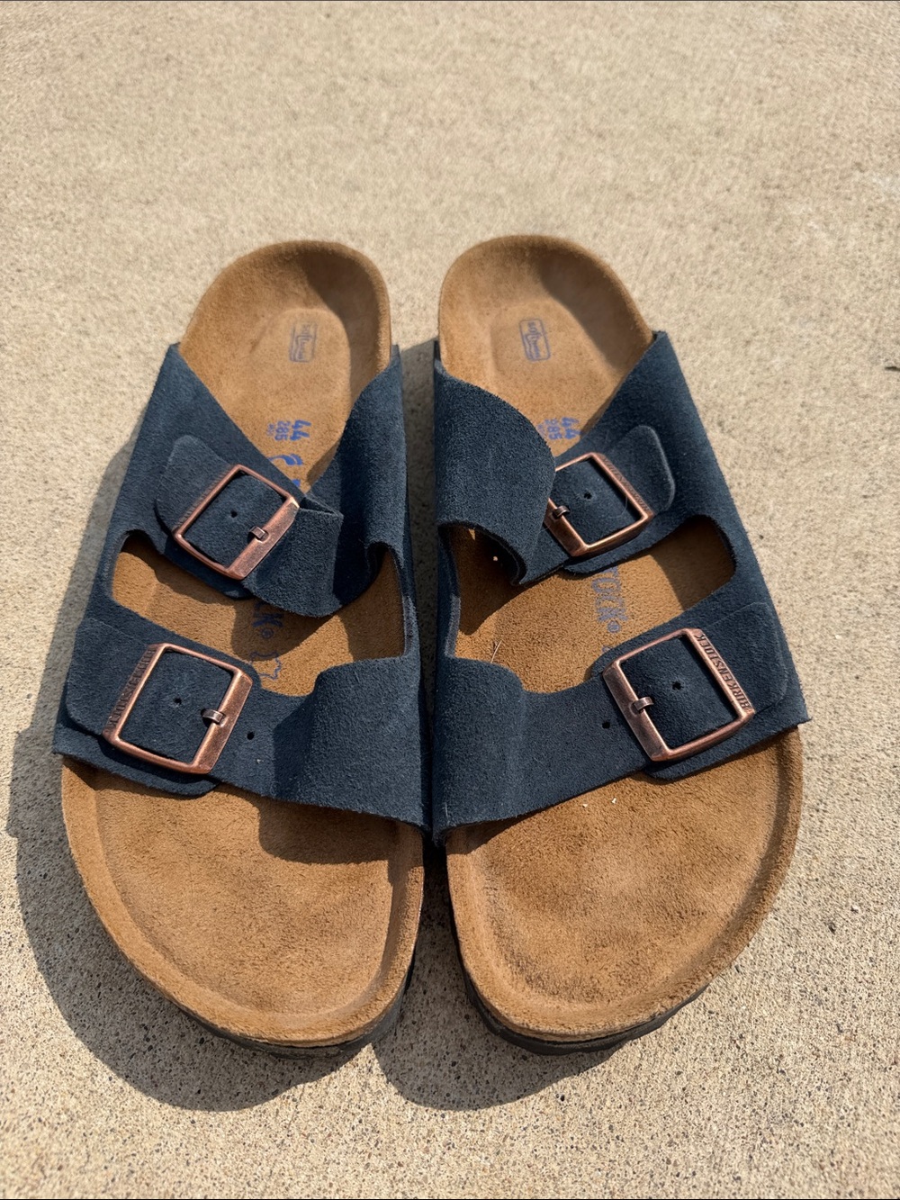 Birkenstock Blue Suede Two-Strap Slide Sandals with Copper Buckles